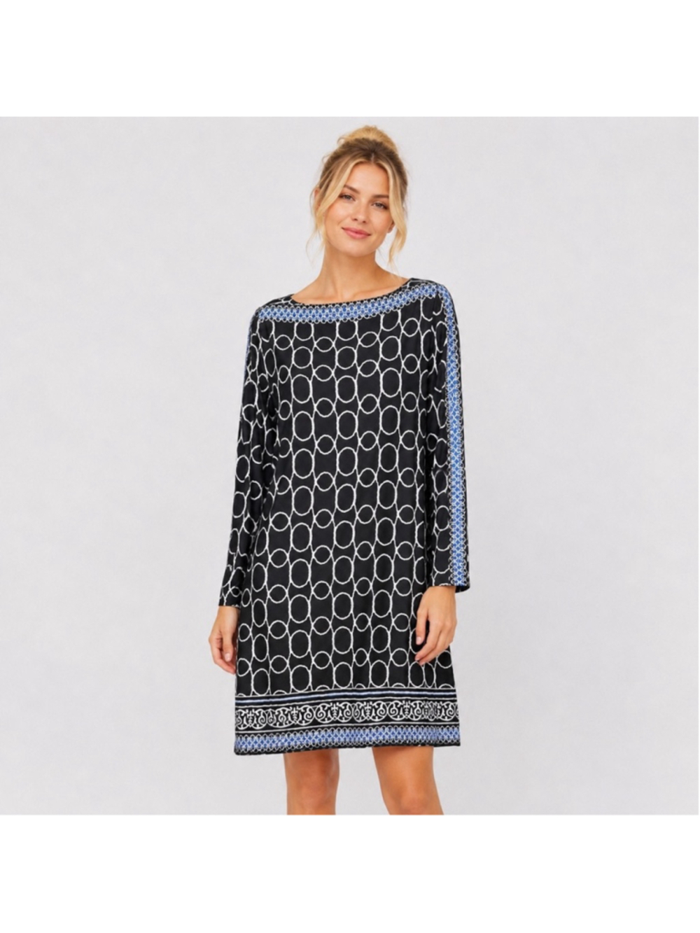 Joseph Ribkoff Geometric Circle Dress Boatneck Sheath Stretch Cocktail Size 12